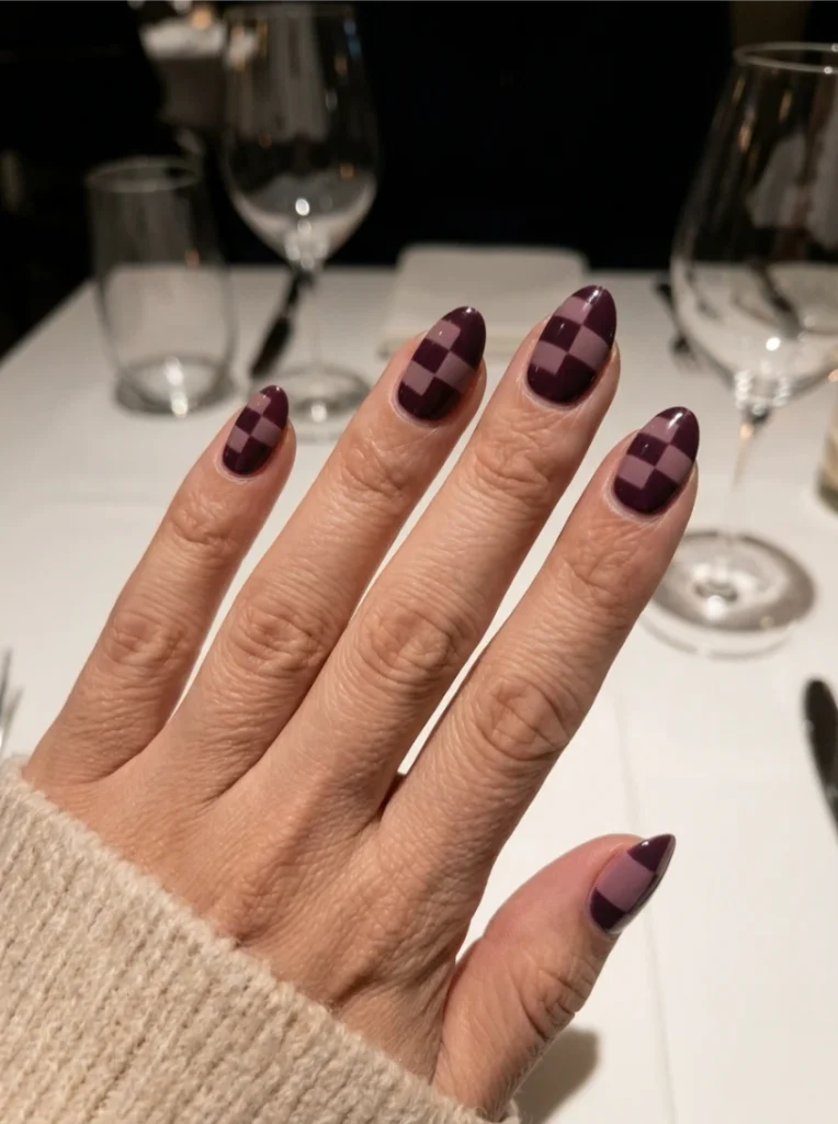 Plum and Mauve Fall Checkered Nails