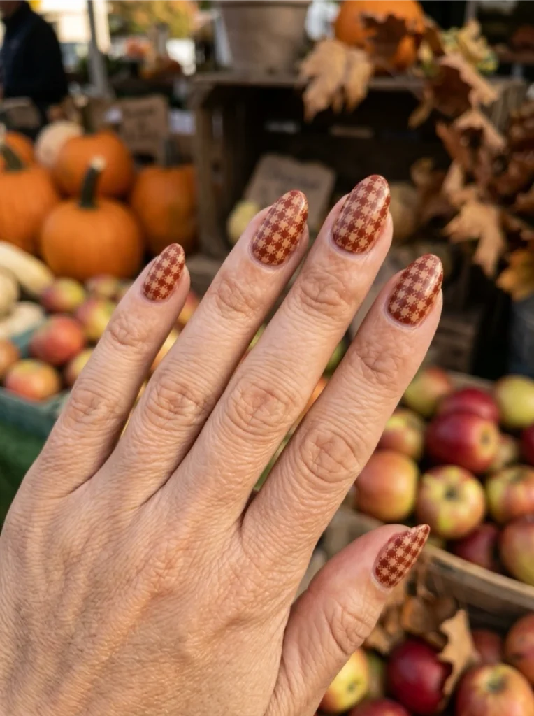 Rust Red Fall Checkered Nails Micro-Pattern