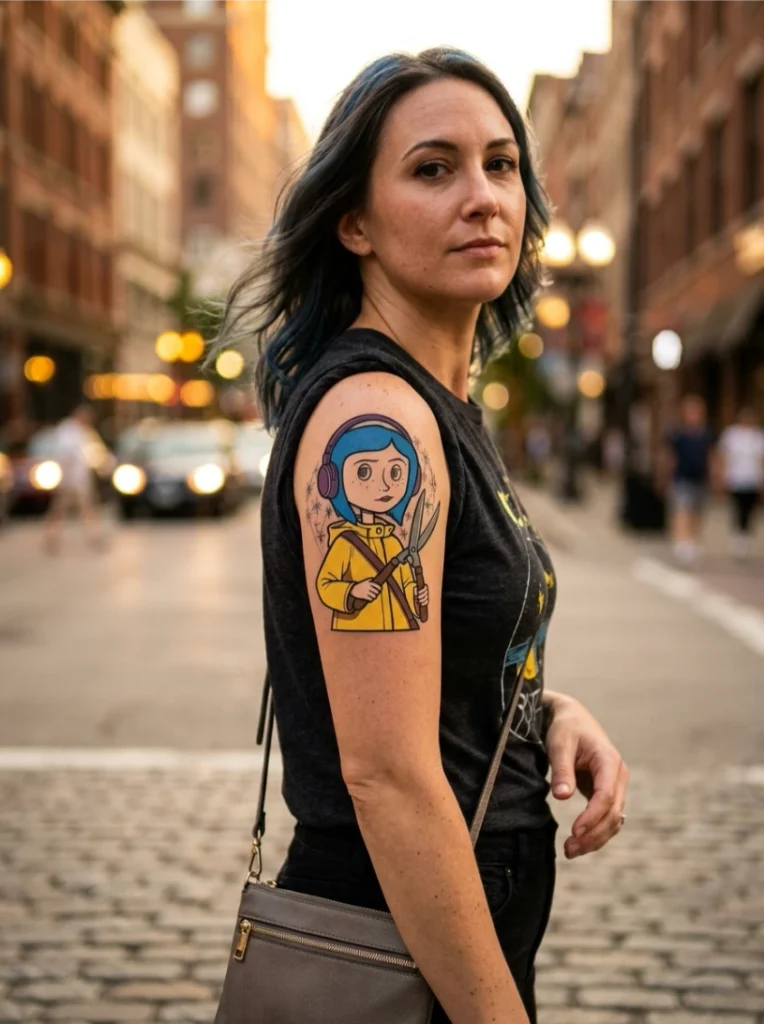 Coraline With Headphones and Garden Shears Tattoo