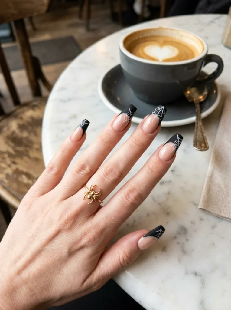 Matte Black Cobweb French Tips