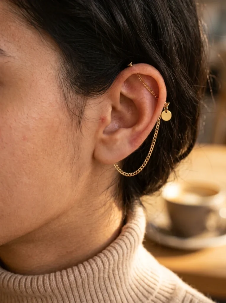 Fine Chain Industrial Piercing With a Single Accent Charm