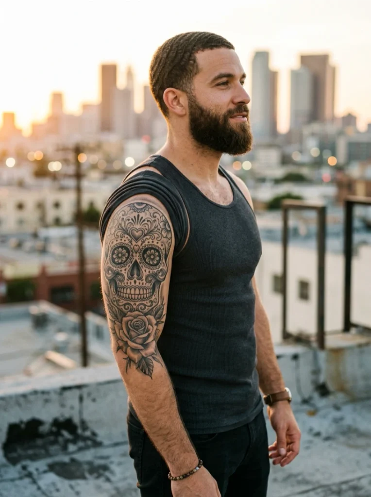 Sugar Skull with Rose Combination for a Chicano Style Tattoo