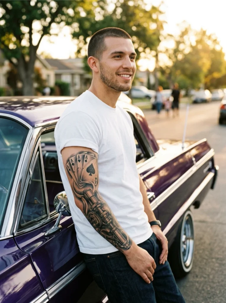 Lowrider Hydraulics with Playing Cards for a Chicano Style Tattoo