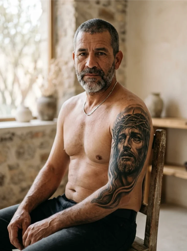 Jesus Christ with Crown of Thorns as a Chicano Style Tattoo Centerpiece