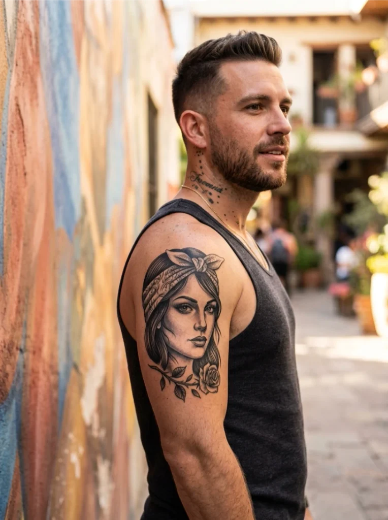 Chola Girl Portrait with Bandana in Chicano Style Tattoo Work