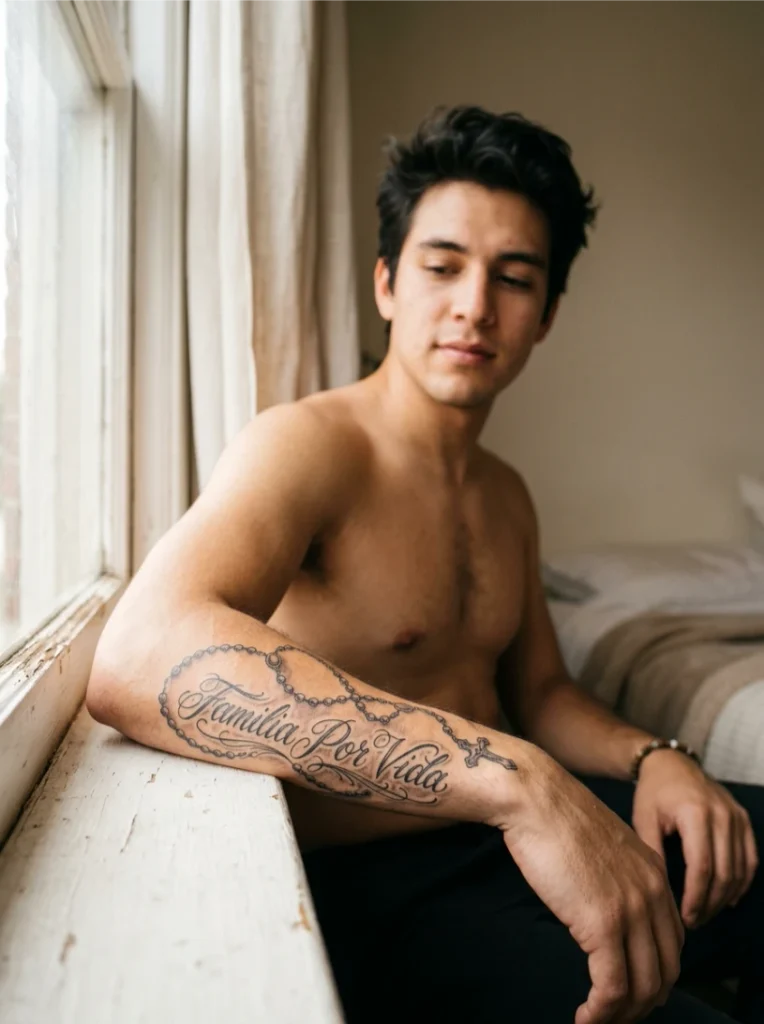 Script Lettering Wrapped in Rosary Beads for a Chicano Style Tattoo