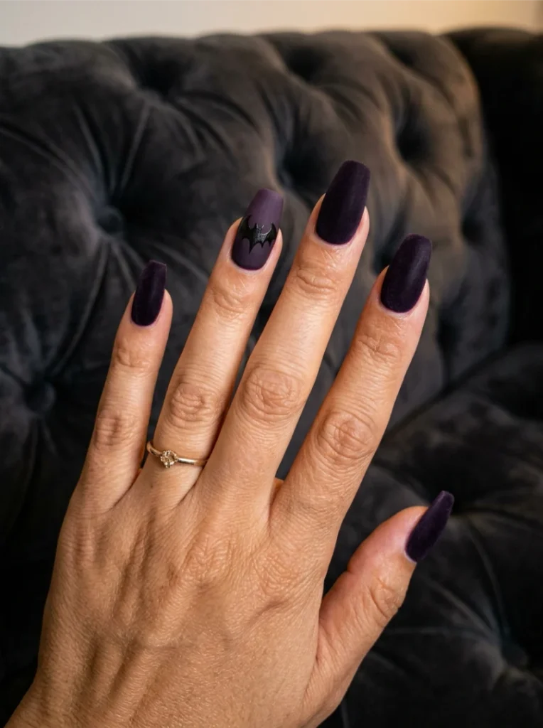Velvet Matte Purple Halloween Nails with a Bat Silhouette