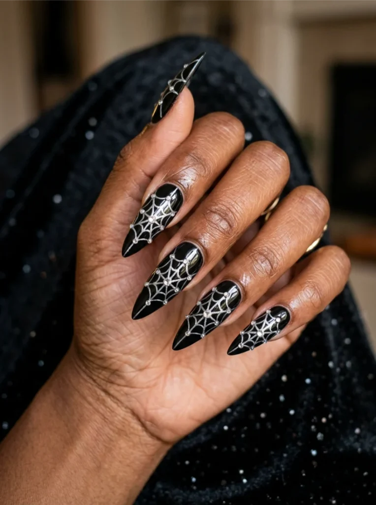 Rhinestone Cobweb Halloween Nails