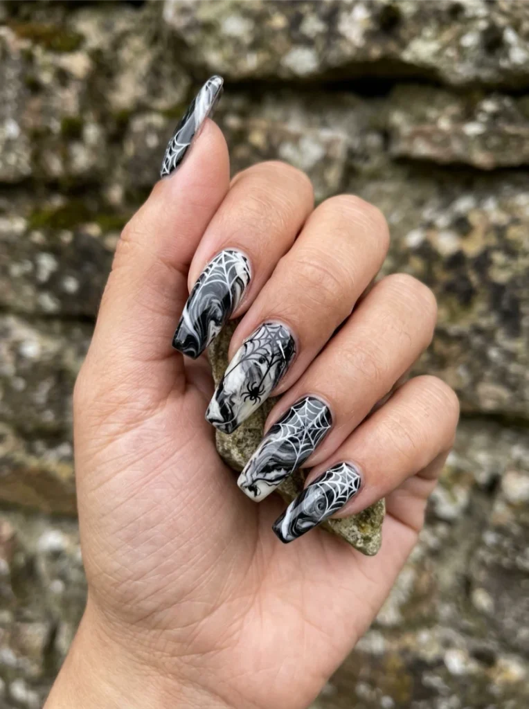 spiderweb Marble Halloween Nails