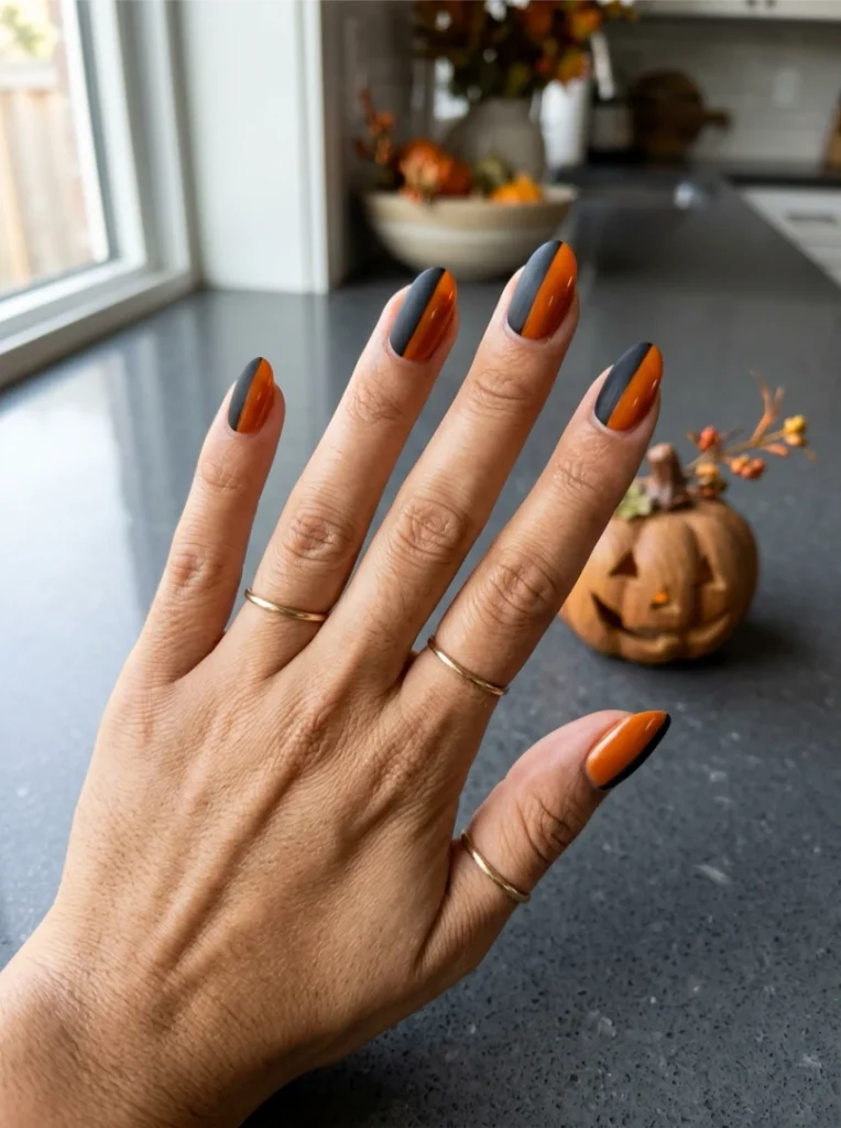  Two-Tone Color Block Halloween Nails