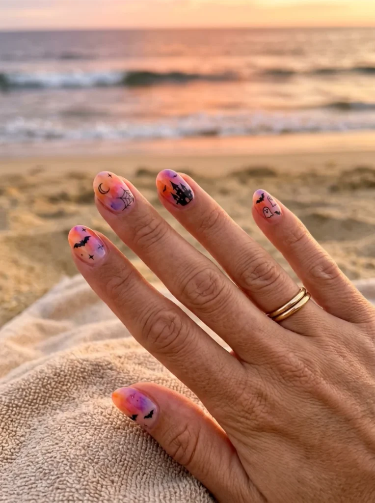  Watercolor Sunset Halloween Nails