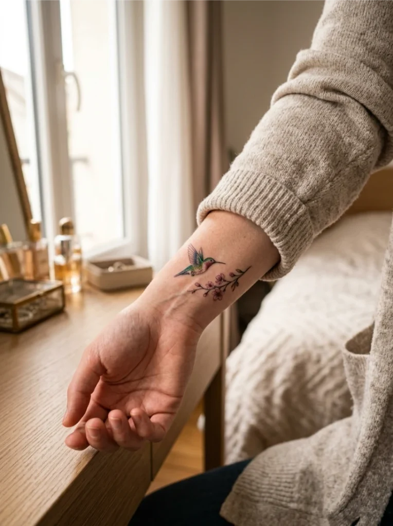 Delicate Hummingbird Tattoo with Cherry Blossom Small Scale