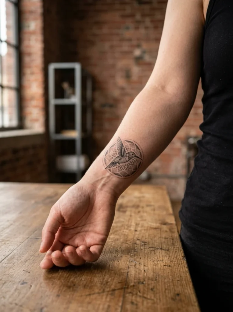 Geometric Dotwork Hummingbird Tattoo