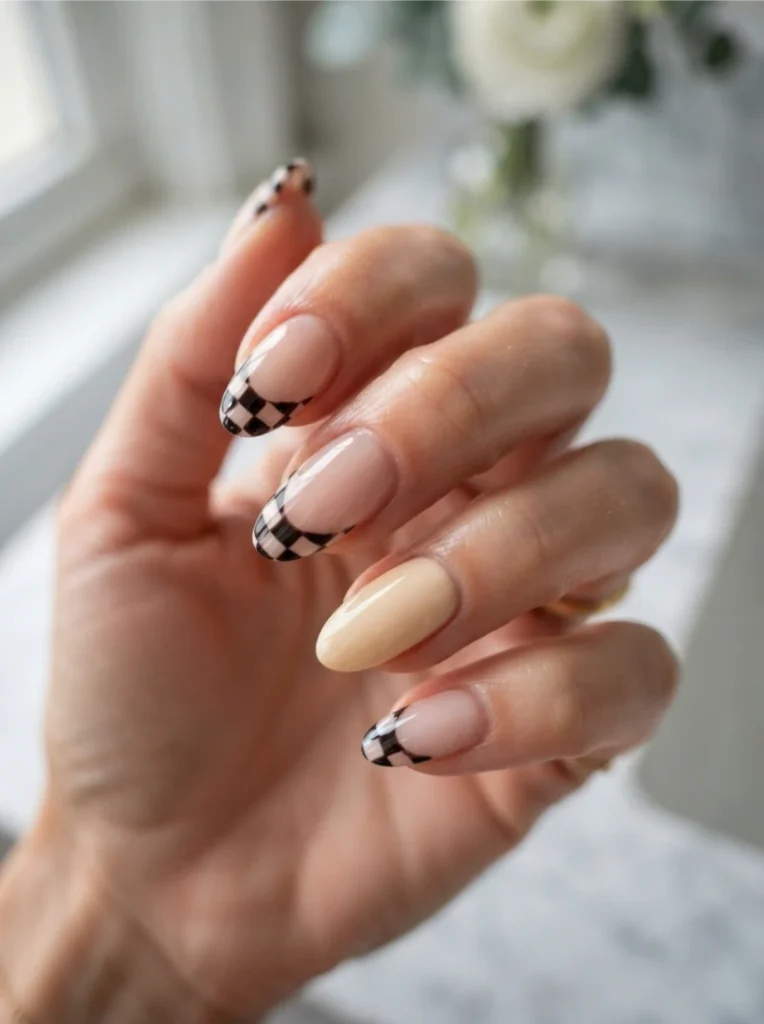 Black and White Fall Checkered Nails French Tips