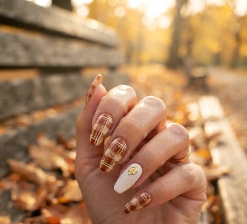 Burnt Orange Fall Checkered Nails with a Plaid Twist