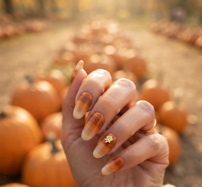 Pumpkin Spice Fall Checkered Nails Ombre