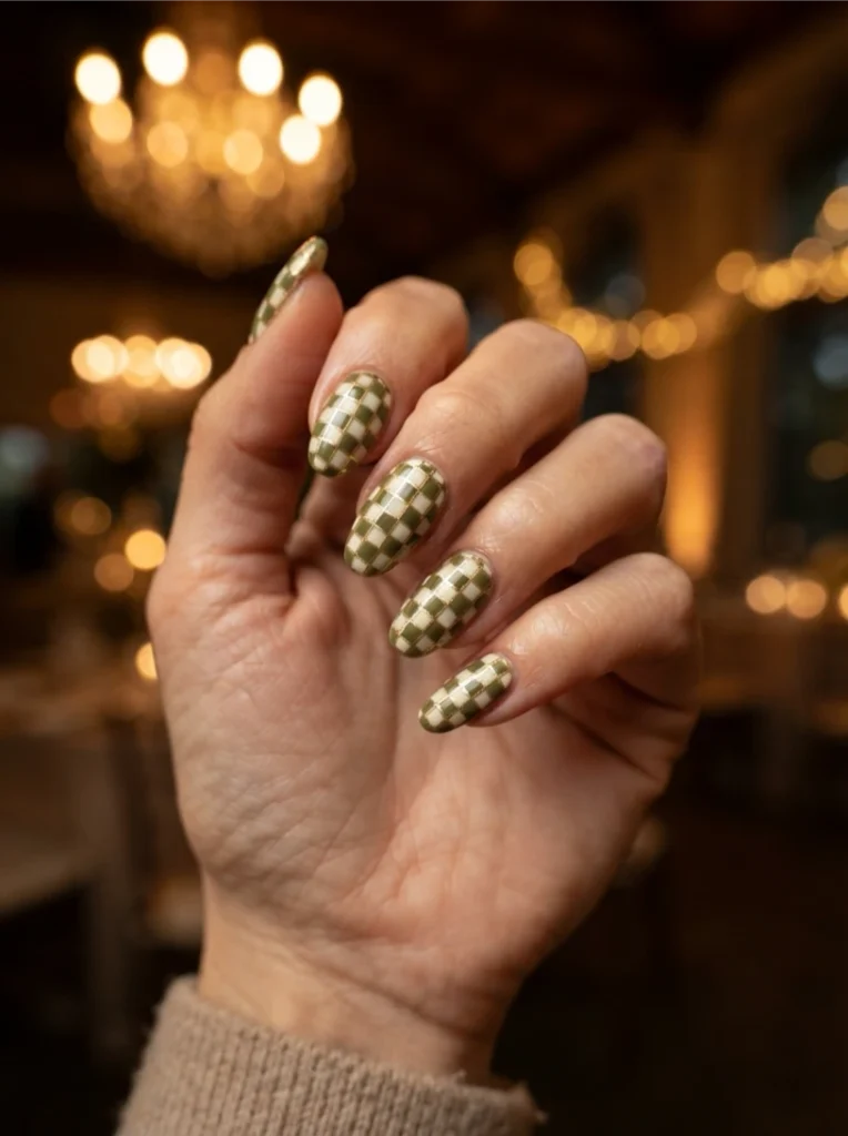 Metallic Gold Fall Checkered Nails Acrylic Set