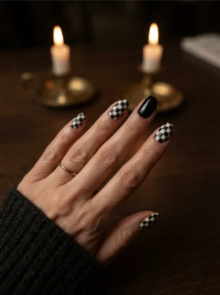 Matte Black Fall Checkered Nails with a Glossy Accent