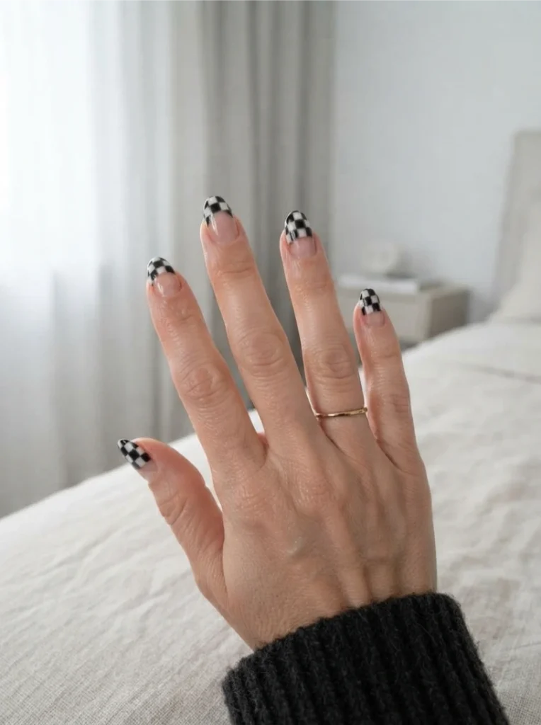Fall Checkered Nails French Tip with Negative Space