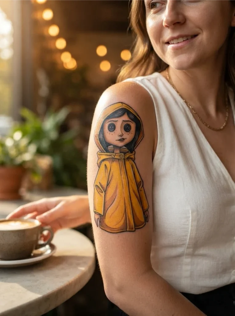 Neo-Traditional Coraline Tattoo in Her Yellow Raincoat