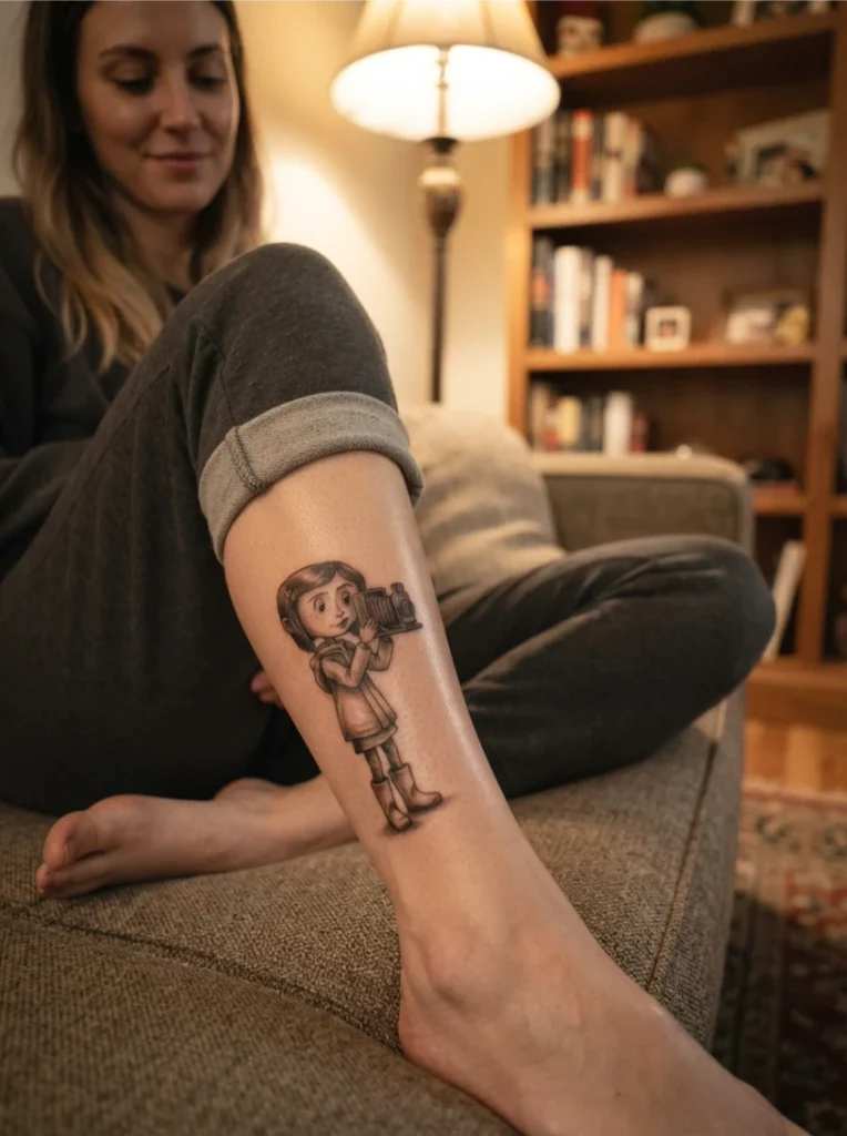 Coraline Holding Her Vintage Camera Tattoo