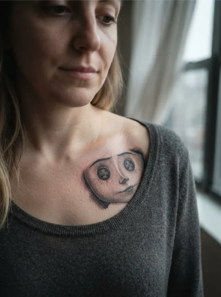 Button-Eye Doll Close-Up Tattoo