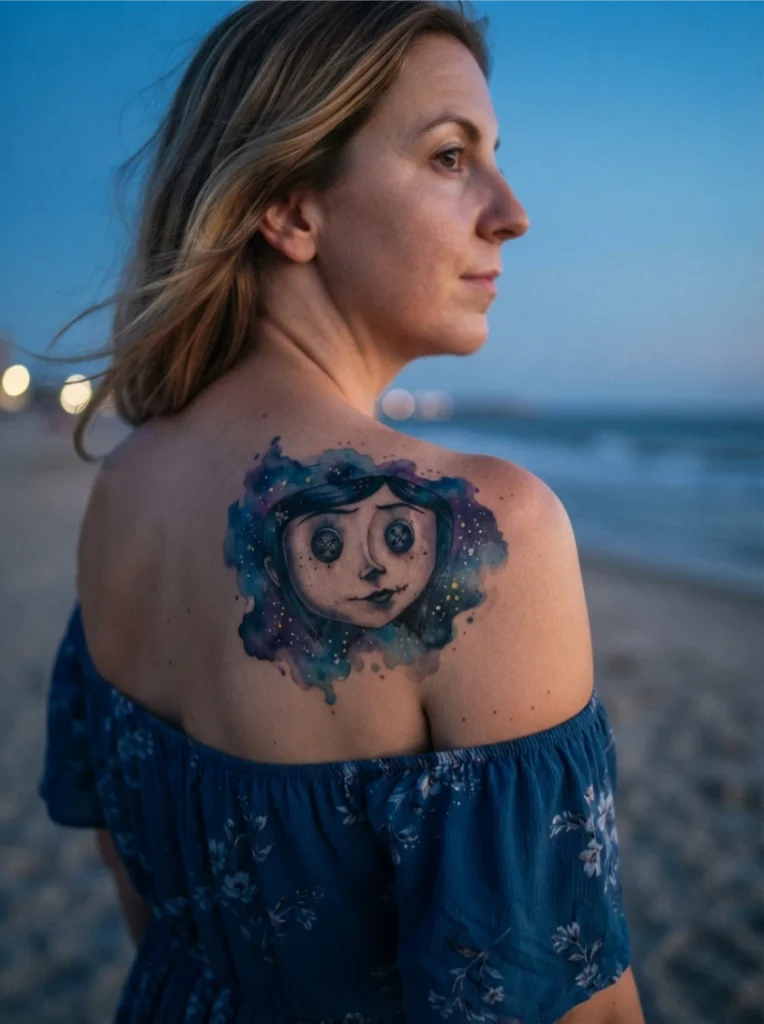 Watercolor Coraline Tattoo With Starry Backdrop