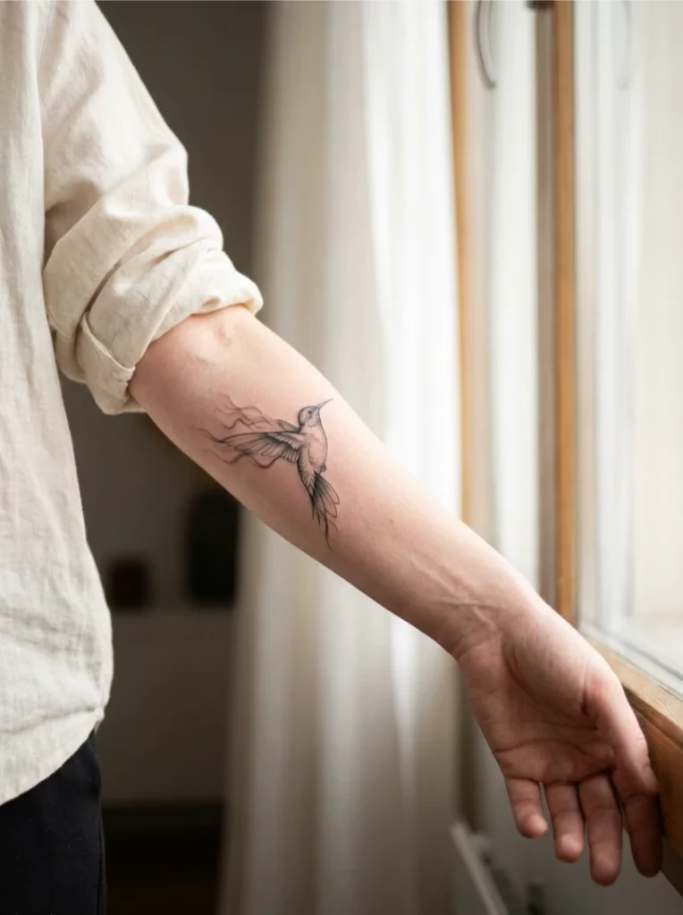 Fine-Line Smoke-Trail Hummingbird Tattoo