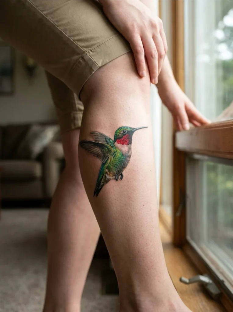 Hyperrealistic Ruby-Throated Hummingbird Tattoo
