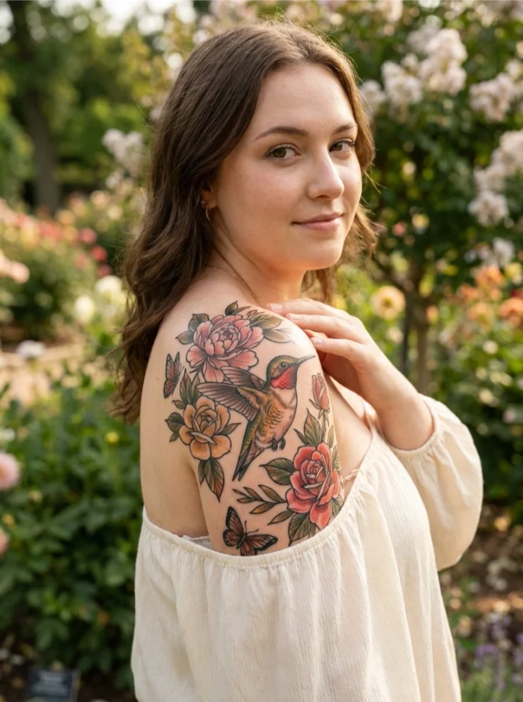 Neo-Traditional Hummingbird Tattoo with Flowers and Butterflies