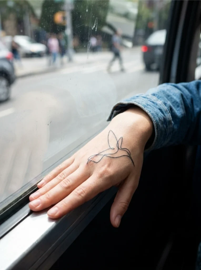 Minimalist Single-Line Hummingbird Tattoo on the Hand