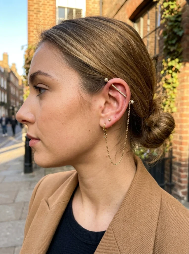 Pavé Bar Industrial Piercing With a Detachable Drop Chain