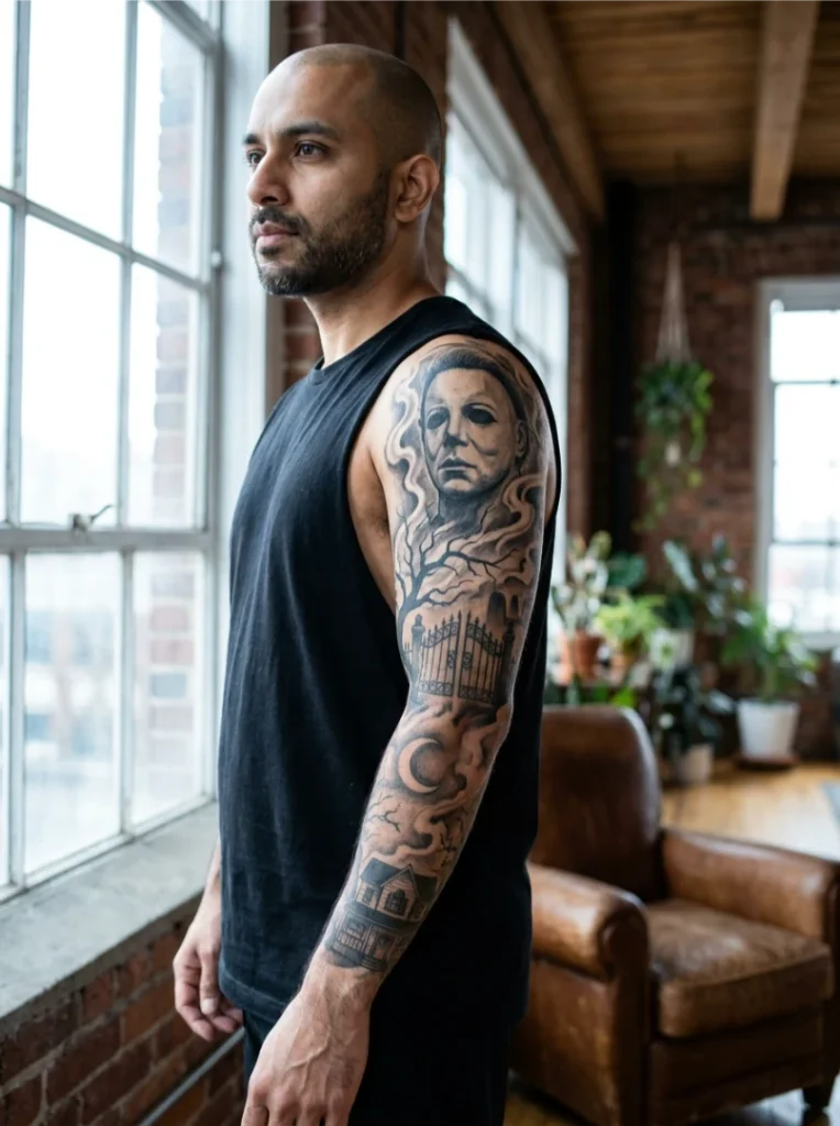Michael Myers Tattoo as the Centerpiece of a Horror Sleeve