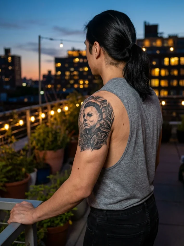 Michael Myers Tattoo Lurking Behind a Hedge or Window