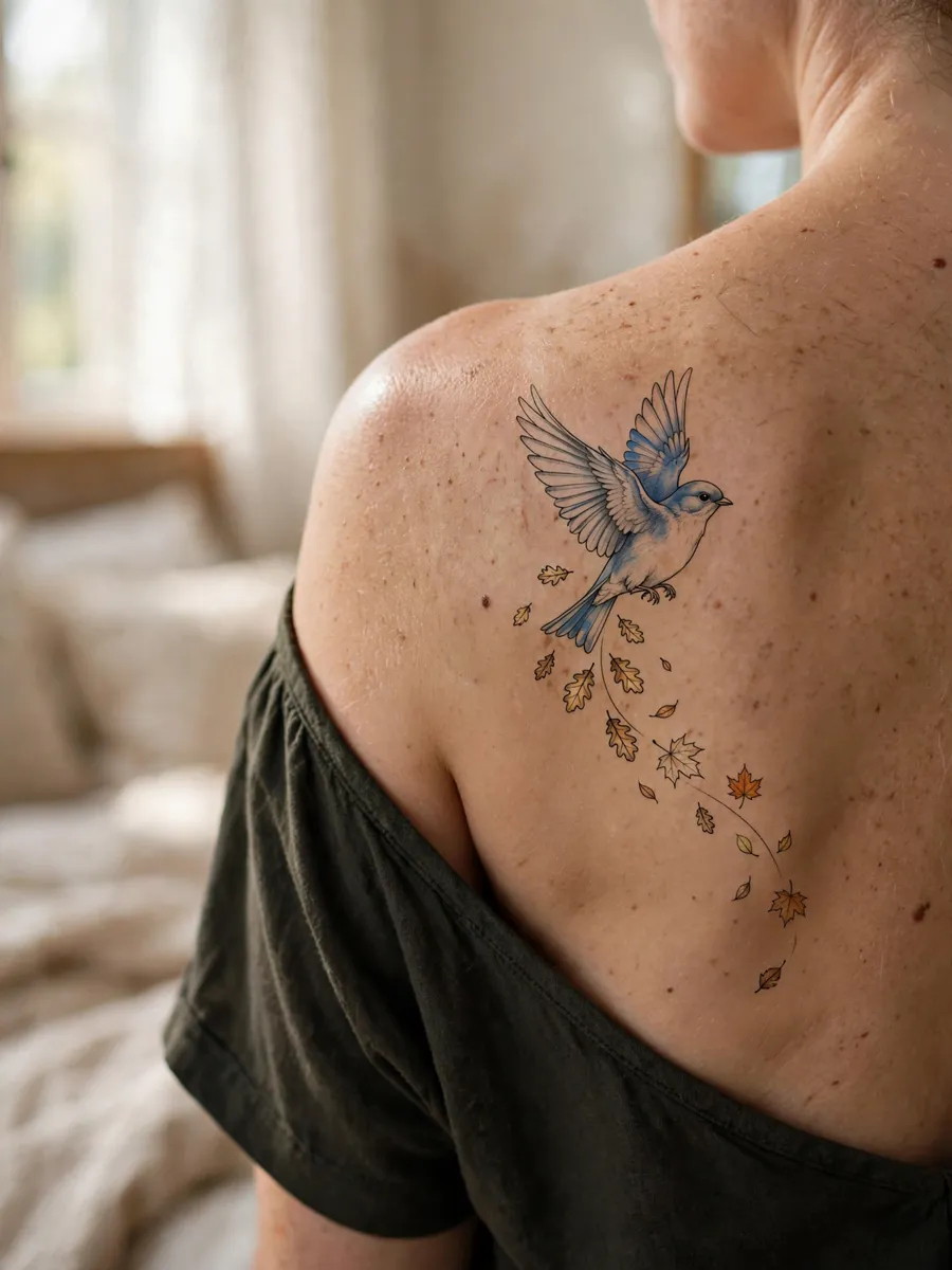 Fine-line tattoo of Beatrice the bluebird in flight trailing autumn leaves across a woman's shoulder blade
