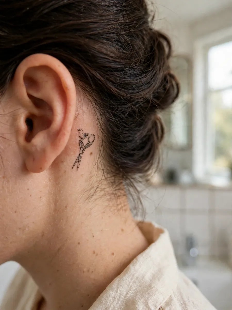 Tiny elegant bird-shaped scissors tattoo behind a woman's ear, fine-line black ink