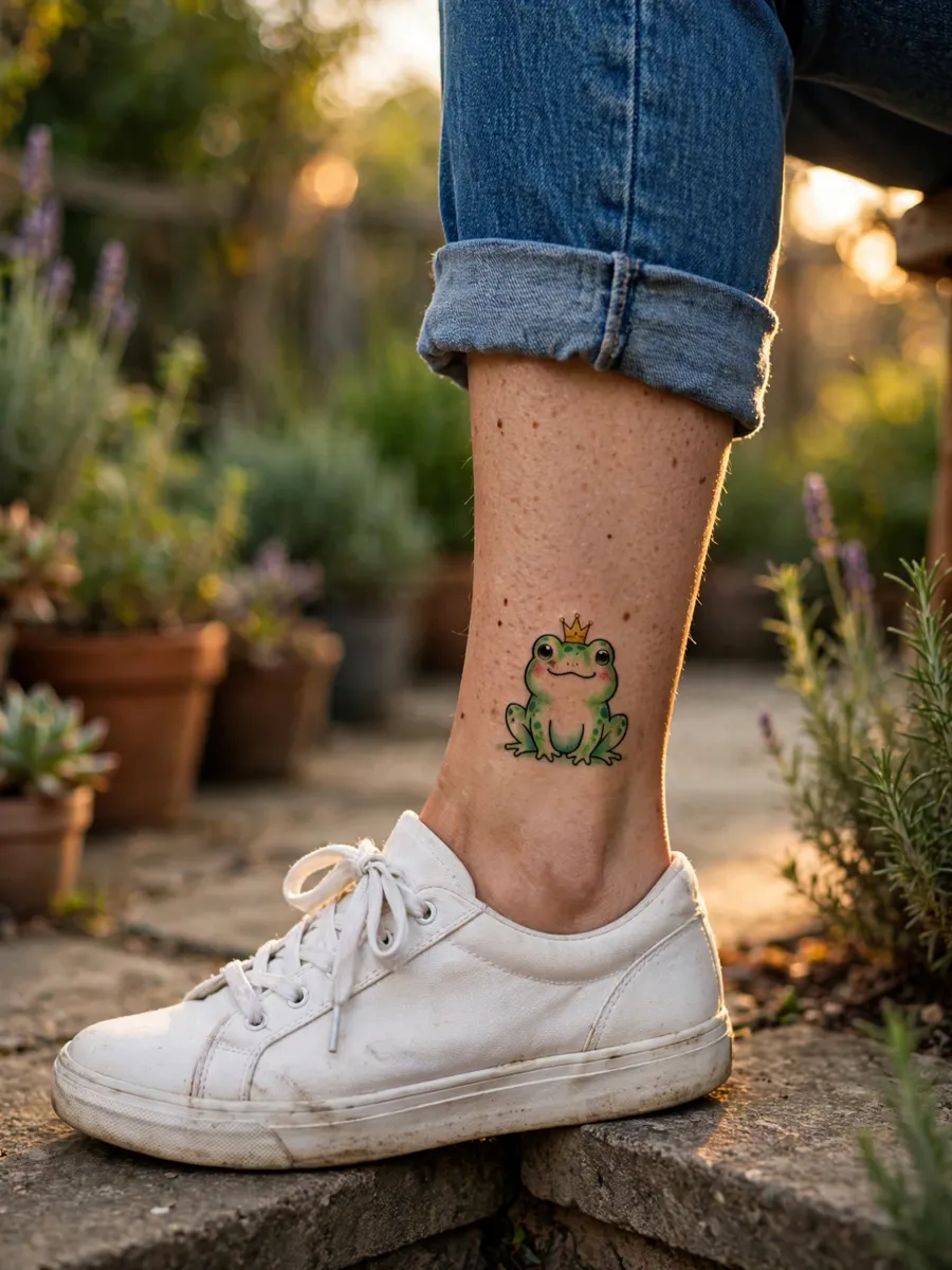 Small playful tattoo of Greg's frog Jason Funderberker wearing a tiny gold crown on a woman's ankle