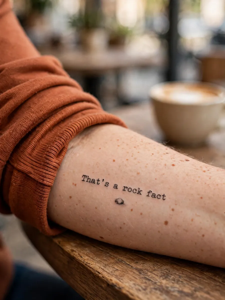 Micro script tattoo reading That's a rock fact in typewriter font with a small pebble on a woman's inner forearm