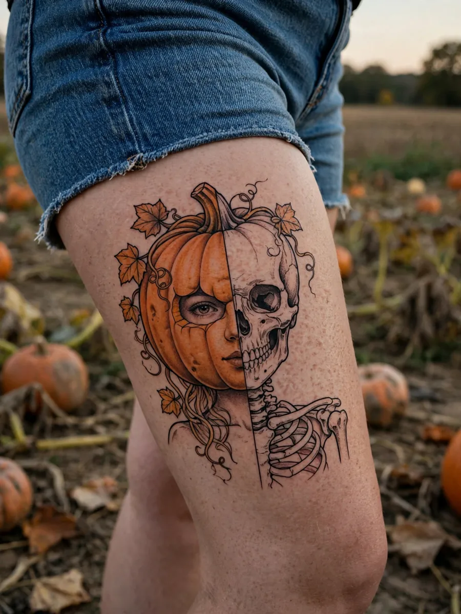 Thigh tattoo of a Pottsfield pumpkin-headed girl, half pumpkin head and half skeleton beneath, autumn colors