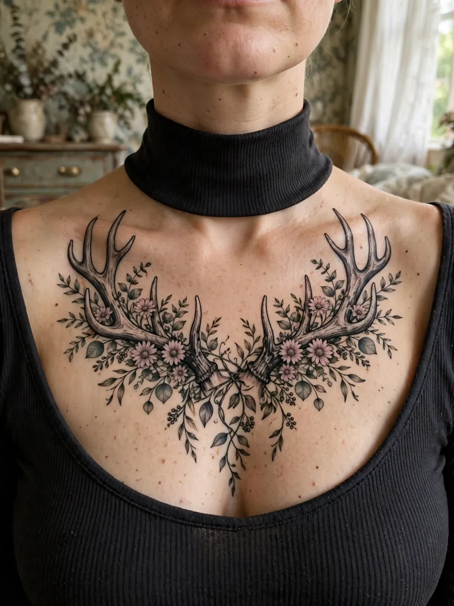 Dark-feminine sternum tattoo of the Beast's antlers wrapped in adelaide flowers and vines