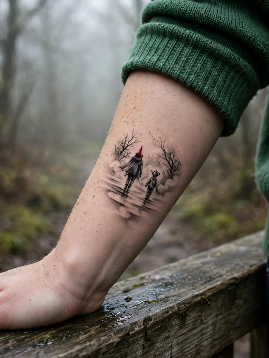 Forearm tattoo of Wirt's silhouette from behind, red pointed hat and cape dissolving into foggy forest lines