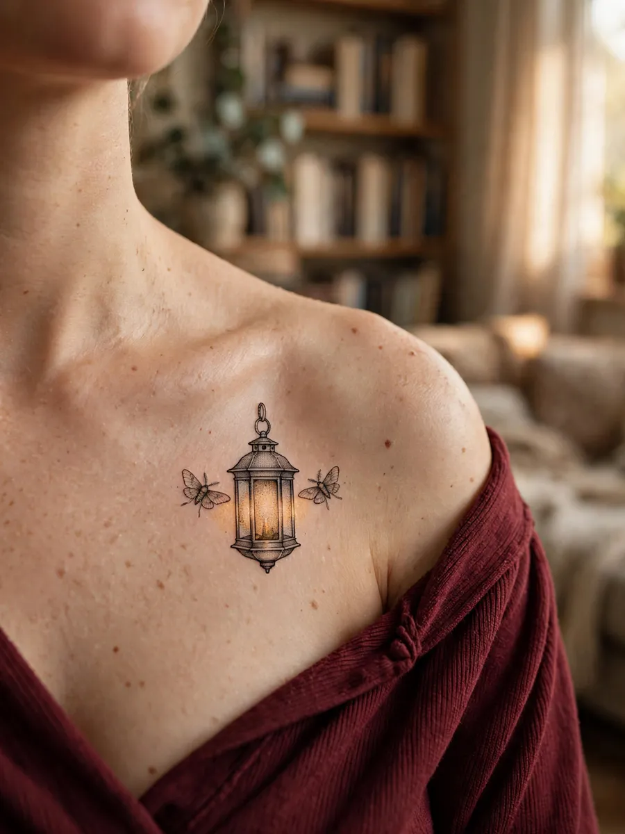 Delicate collarbone tattoo of the Woodsman's lantern drawn as a hanging pendant charm with two moths