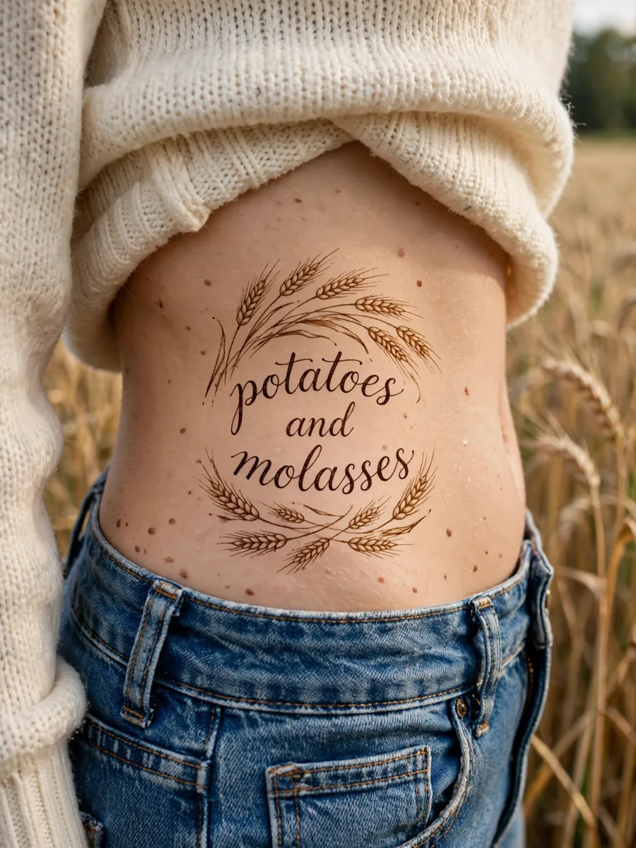 Ribcage script tattoo of the lyric Potatoes and molasses framed by wheat stalks, soft folk lettering