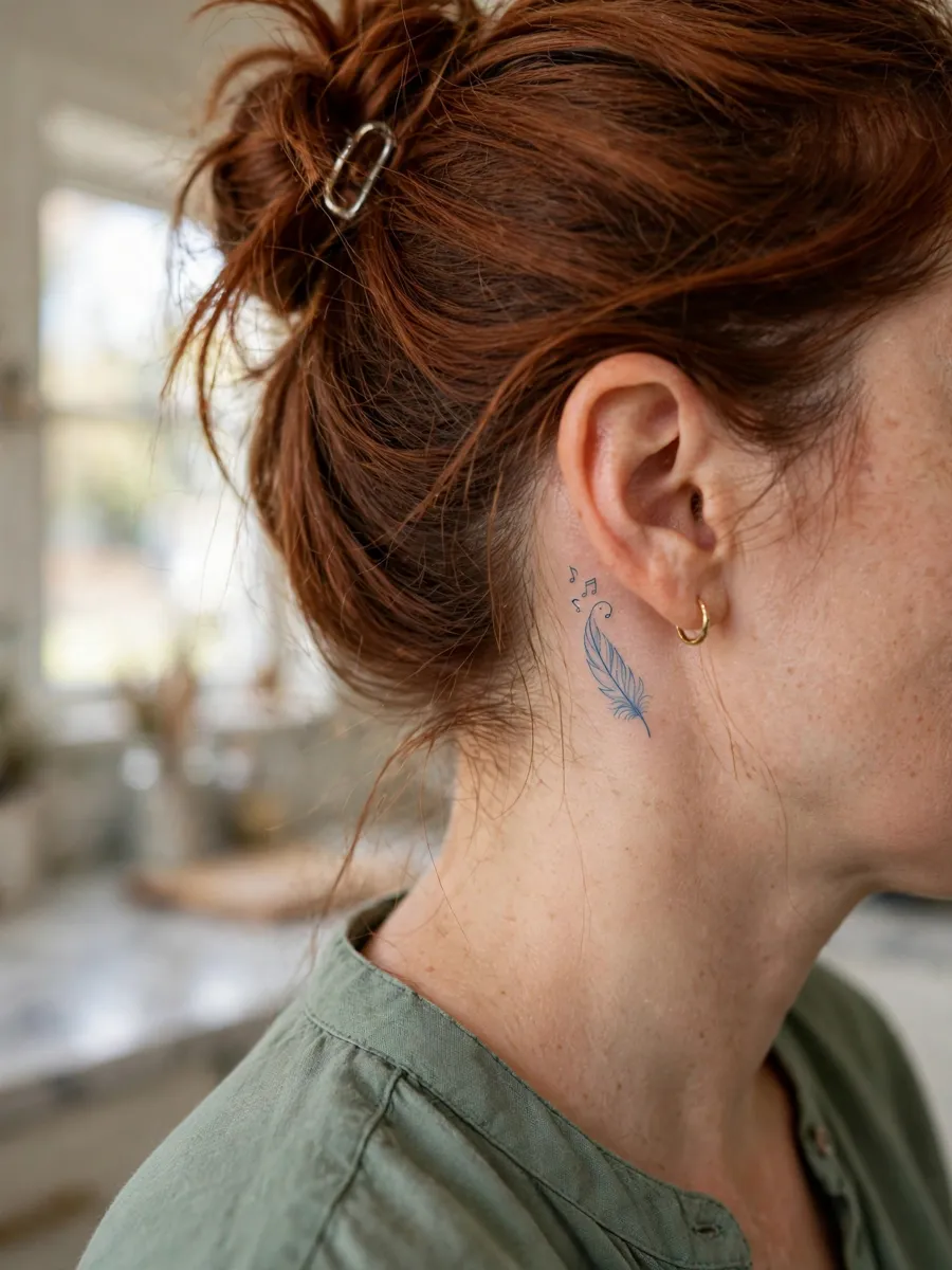 Micro tattoo behind a woman's ear of a single bluebird feather with tiny music notes curling off it