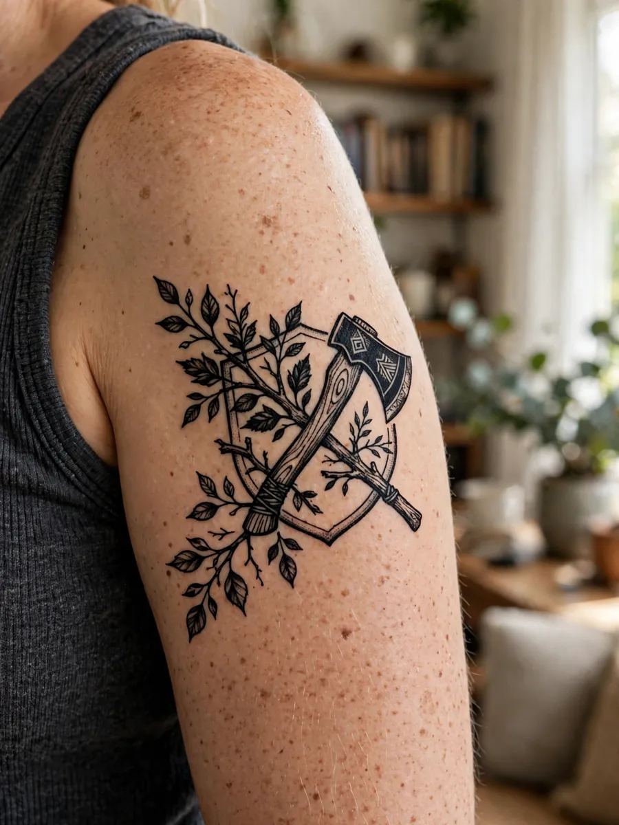 Emblem tattoo of the Woodsman's axe crossed with a dark edelwood branch on a woman's upper arm