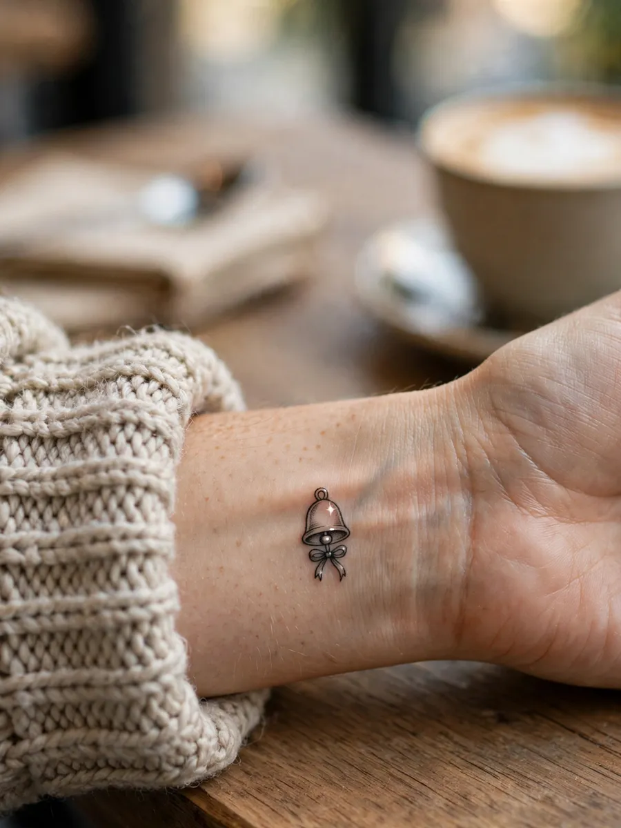 One-inch talisman tattoo of the tiny magic bell from Greg's frog on a woman's inner wrist