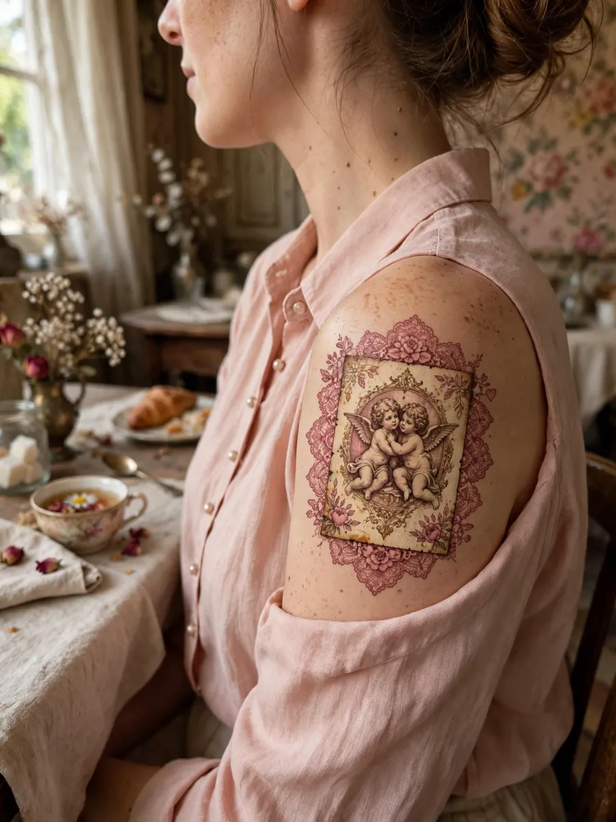 Vintage valentine-style tattoo flash of Cloud City cherubs in soft romantic colors on a woman's shoulder