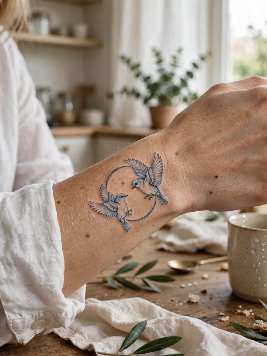 Matching-style tattoo of two bluebirds circling each other in flight on a woman's wrist, sisterhood concept
