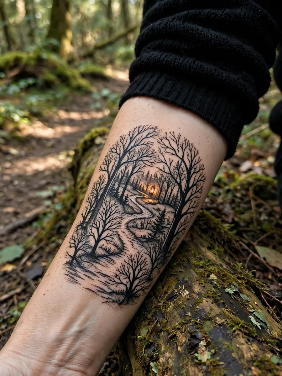 Scenic forearm tattoo of a winding forest path with bare trees and a single warm lantern glowing in the distance