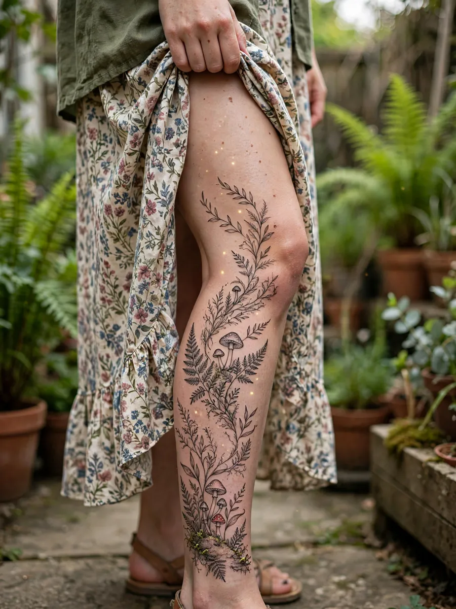 Enchanted forest leg sleeve tattoo with moss, ferns, mushrooms and fireflies spiraling up a woman's leg